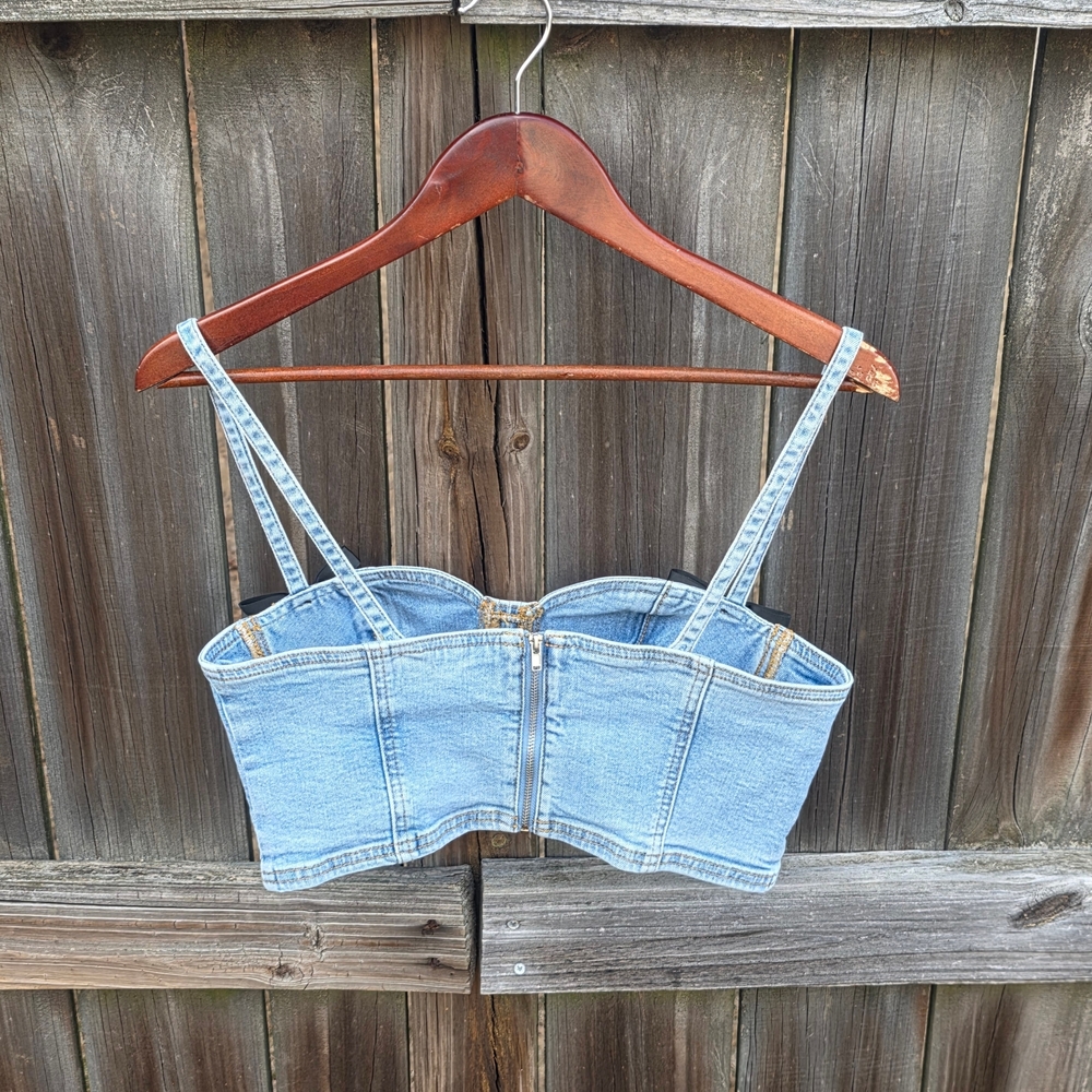 PacSun Denim Bustier Crop Bra Top M Y2K Coquette Bow Corset Style - Picture 4 of 16